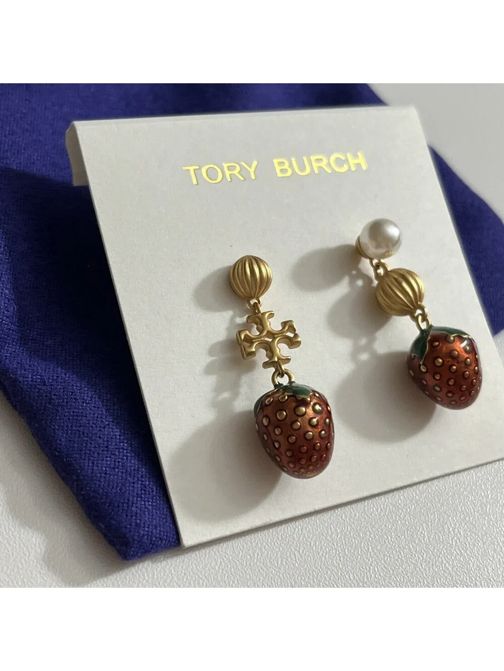 Tory Burch Earrings Gold Plated Dangle Drop Pearl Strawberry Double T Logo